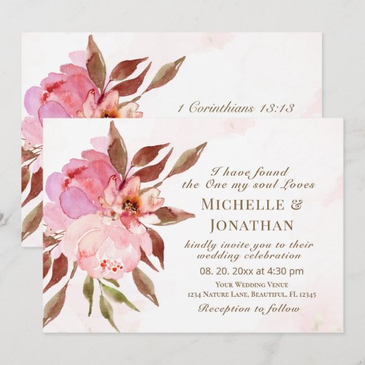 Blush Pink Flowers Greenery Christelijk Wedding Kaart (Voorkant / Achterkant)