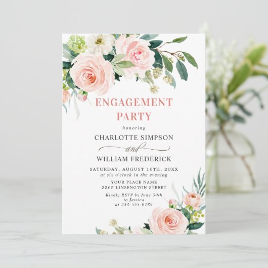 Blush Pink Flowers Greenery ENGAGTY Kaart (Staand voorkant)