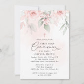 Blush Pink Flowers, Greenery, First Holy Communion Kaart (Voorkant)