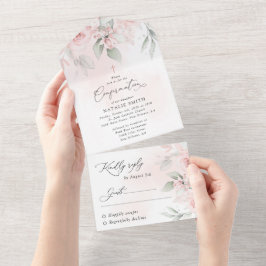 Blush Pink Flowers, Greenery, Floral Confirmation All In One Uitnodiging