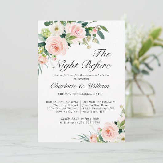 Blush Pink Flowers Greenery REHEARSAL DINNER Kaart (Staand voorkant)