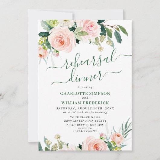 Blush Pink Flowers Greenery REHEARSAL DINNER Kaart (Voorkant)