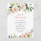 Blush Pink Flowers Greenery Wedding Save the Date Briefkaart (Voorkant)