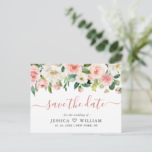 Blush Pink Flowers Greenery Wedding Save the Date Briefkaart (Staand voorkant)