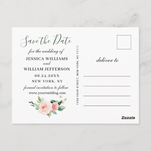 Blush Pink Flowers Greenery Wedding Save the Date Briefkaart (Achterkant)