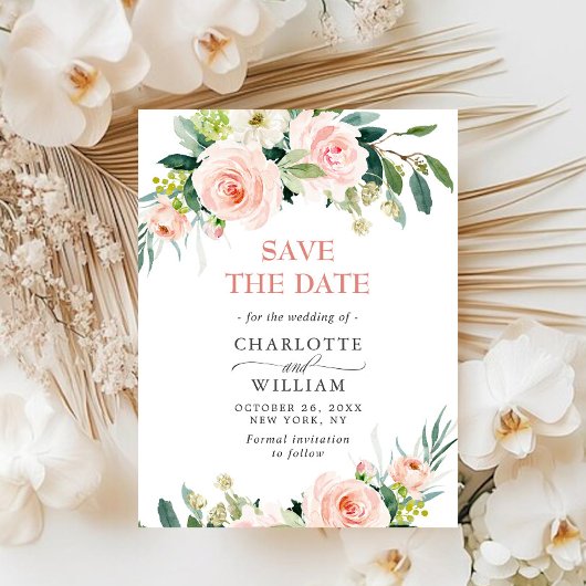 Blush Pink Flowers Greenery Wedding Save the Date Briefkaart