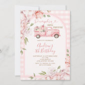 Blush Pink Flowers Herfst Gingham Tractor Verjaard Kaart (Voorkant)
