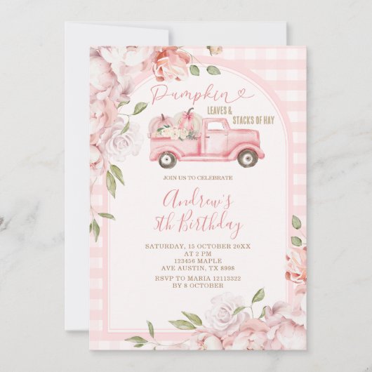 Blush Pink Flowers Herfst Gingham Tractor Verjaard Kaart (Voorkant)