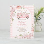 Blush Pink Flowers Herfst Gingham Tractor Verjaard Kaart (Staand voorkant)