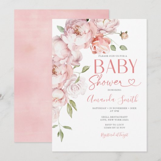 Blush Pink Flowers Meisje Baby shower groen Kaart (Voorkant / Achterkant)