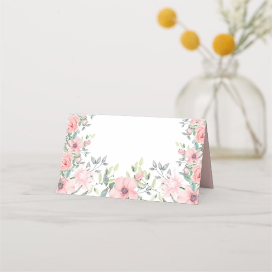 Blush Pink Flowers Sage Green Leaves Spring Summer Plaatskaartje (Voorkant)