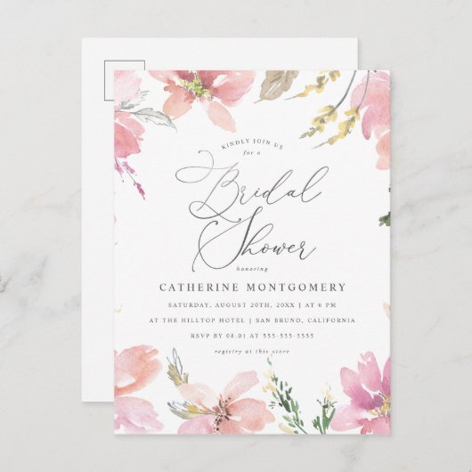 Blush Pink Flowers & Silver Script Vrijgezellenfee Uitnodiging Briefkaart (Voorkant / Achterkant)