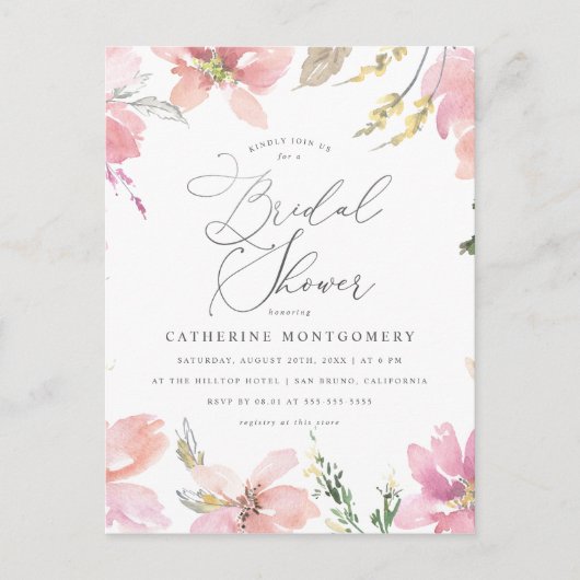 Blush Pink Flowers & Silver Script Vrijgezellenfee Uitnodiging Briefkaart (Voorkant)