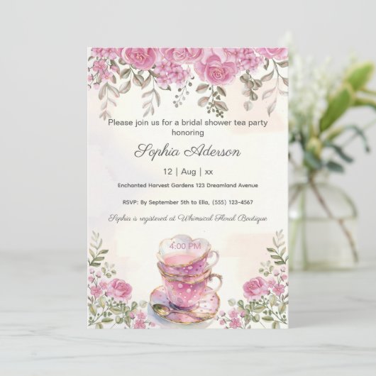 Blush Pink Flowers Tea Party Vrijgezellenfeest Kaart (Staand voorkant)
