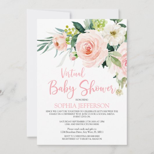 Blush Pink Flowers Virtual Baby shower Kaart (Voorkant)