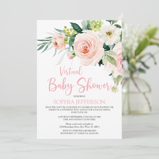 Blush Pink Flowers Virtual Baby shower Kaart (Staand voorkant)