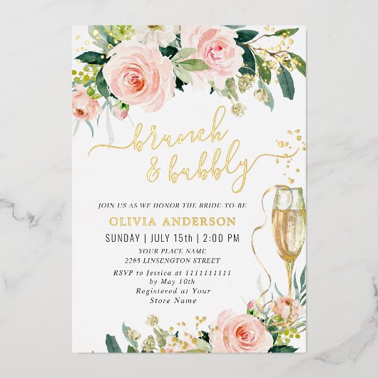 Blush Pink Flowers Waterverf Bridal Brunch Gold Folie Uitnodiging (Voorkant)