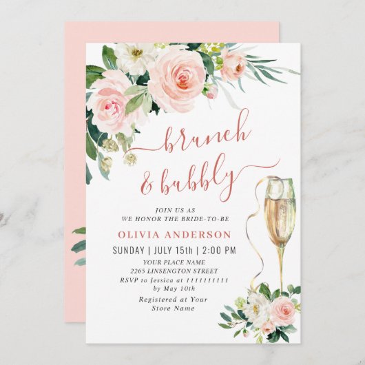 Blush Pink Flowers Waterverf Bridal Brunch Kaart (Voorkant / Achterkant)