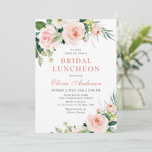 Blush Pink Flowers Waterverf Bridal Luncheon Kaart (Staand voorkant)