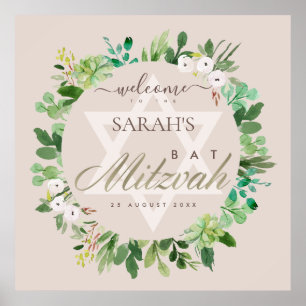 BLUSH PINK FOLIAGE WREATH STAR BAT MITZVAH WELCOME POSTER