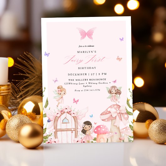 Blush Pink Forest Butterflies Fairy First Birthday Kaart