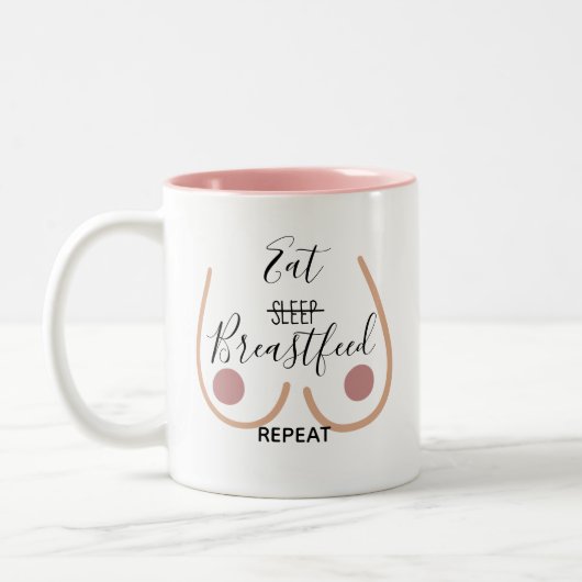 Blush Pink Funny Eat Sleep Breastfeed Herhaal mam Tweekleurige Koffiemok (Links)
