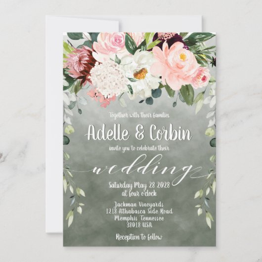 Blush Pink Garden Sage Green White Font Weddenscha Kaart (Voorkant)