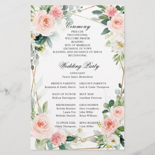 Blush Pink Geometric Botanical Wedding Program (Achterkant)