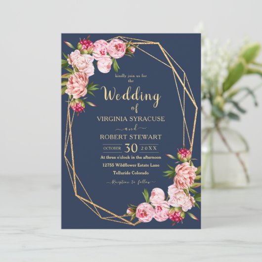 Blush Pink Geometric Elegant Blue Navy Weddenschap Kaart (Staand voorkant)