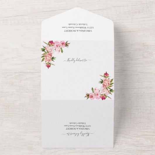 Blush Pink Geometric Elegant Greenery Wedding All In One Uitnodiging (Buitenkant)