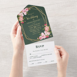 Blush Pink Geometric Elegant Greenery Wedding All In One Uitnodiging