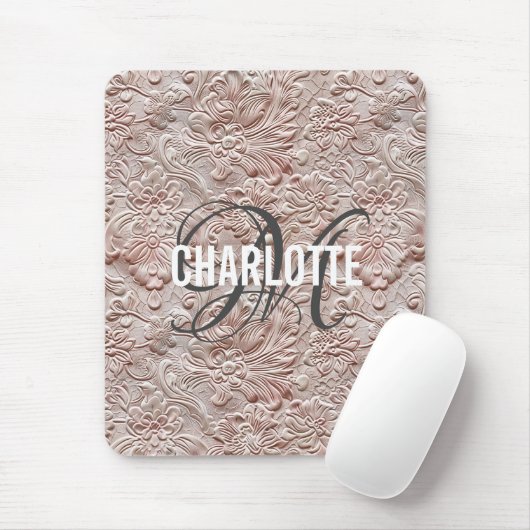  Blush Pink Gereedschapte Lederen Monogram Naam Muismat (Met muis)