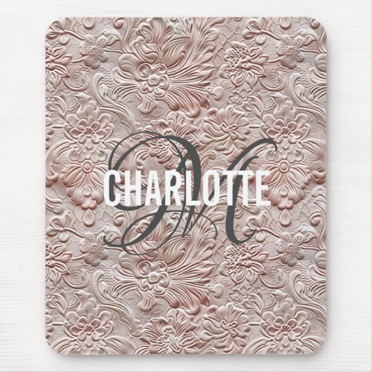 Blush Pink Gereedschapte Lederen Monogram Naam Muismat (Voorkant)