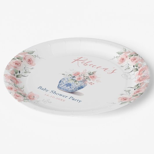 Blush Pink Ginger Jar Chinoiserie Baby shower Papieren Bordje (Gekanteld)