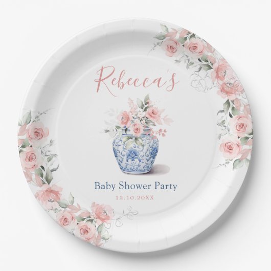 Blush Pink Ginger Jar Chinoiserie Baby shower Papieren Bordje (Voorkant)