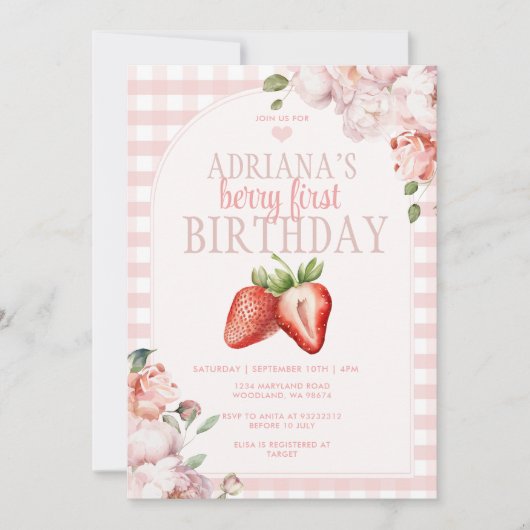 Blush Pink Gingham Berry Sweet Birthday Kaart (Voorkant)