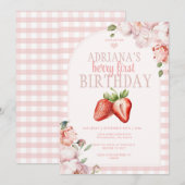 Blush Pink Gingham Berry Sweet Birthday Kaart (Voorkant / Achterkant)