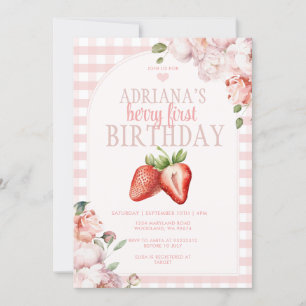 Blush Pink Gingham Berry Sweet Birthday Kaart