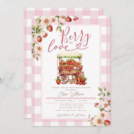 Blush Pink Gingham Berry verliefd op baby shower Kaart (Voorkant / Achterkant)