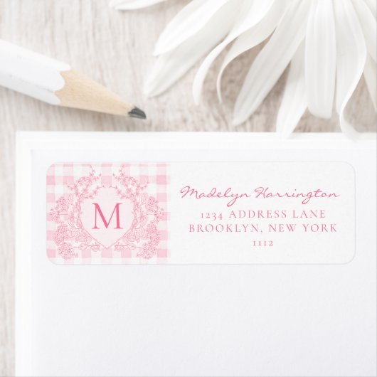 Blush Pink Gingham Floral Crest Monogram Address Etiket (Insitu)