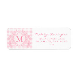 Blush Pink Gingham Floral Crest Monogram Address Etiket