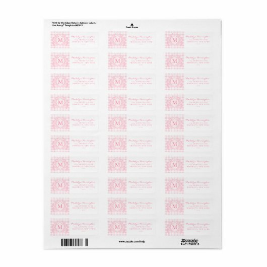 Blush Pink Gingham Floral Crest Monogram Address Etiket (Full Sheet)