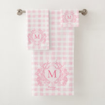 Blush Pink Gingham Floral Crest Monogram