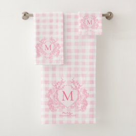 Blush Pink Gingham Floral Crest Monogram Bad Handdoek