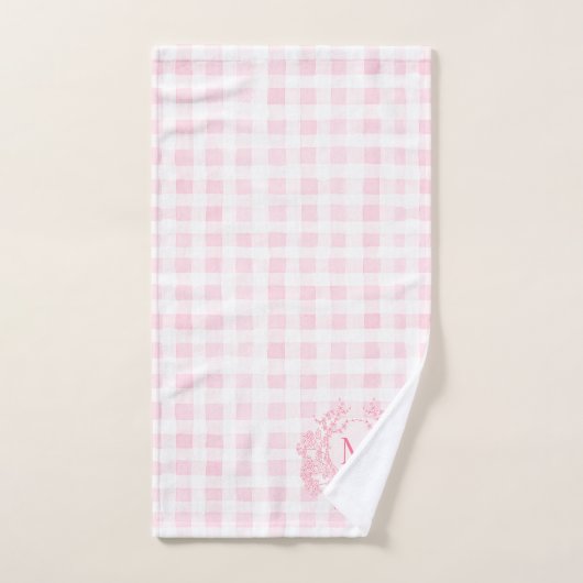 Blush Pink Gingham Floral Crest Monogram Bad Handdoek (Handdoek)