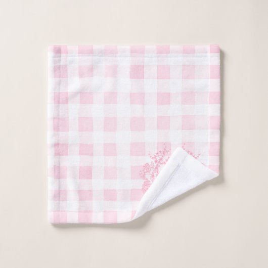 Blush Pink Gingham Floral Crest Monogram Bad Handdoek (Wasdoekje)