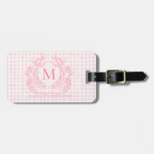 Blush Pink Gingham Floral Crest Monogram Bagagelabel (Voorkant horizontaal)