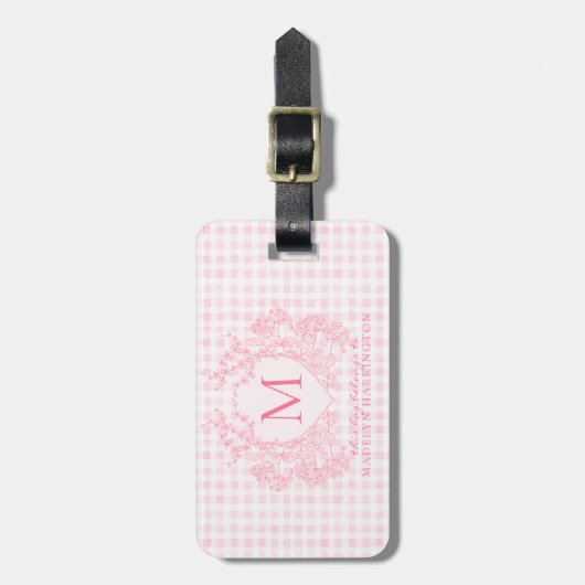 Blush Pink Gingham Floral Crest Monogram Bagagelabel (Voorkant verticaal)