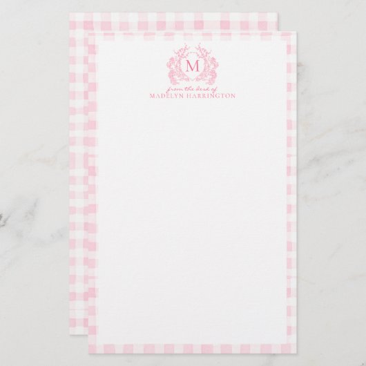 Blush Pink Gingham Floral Crest Monogram Briefpapier (Voorkant / Achterkant)