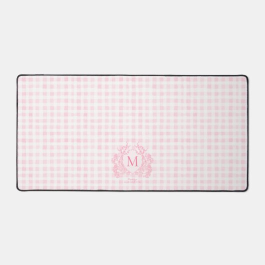 Blush Pink Gingham Floral Crest Monogram Bureaumat (Voorkant)